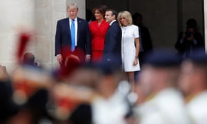 Emmanuel Macron, Brigitte Macron, Donald Trump and Melania Trump attend a welcoming ceremony at Les Invalides in Paris.