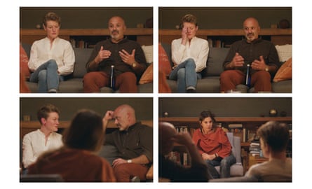 Panel of four images of the couple getting advice from Dr Orna Guralnik on the show Couples Therapy