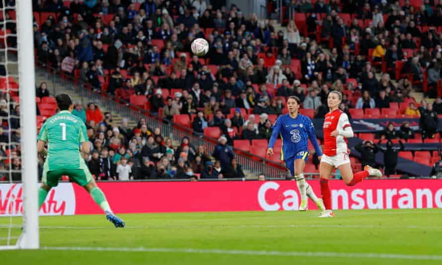 Sam Kerr lobs the ball over Arsenal’s Manuela Zinsberger for one of her two goals in the 2021 FA Cup final