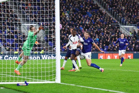 Pape Matar Sarr scores Tottenham’s third goal against Everton.