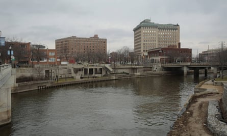 The Flint River flowing through downtown Flint, Michigan.