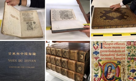 A grid of six images depicting the recovered stolen books