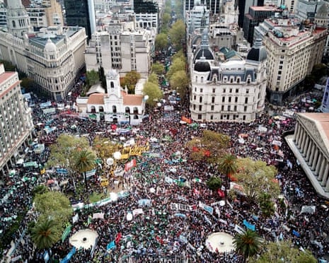 Thousands of people gather in Plaza de Mayo during a protest against Argentine President Mauricio Macri's economic policies