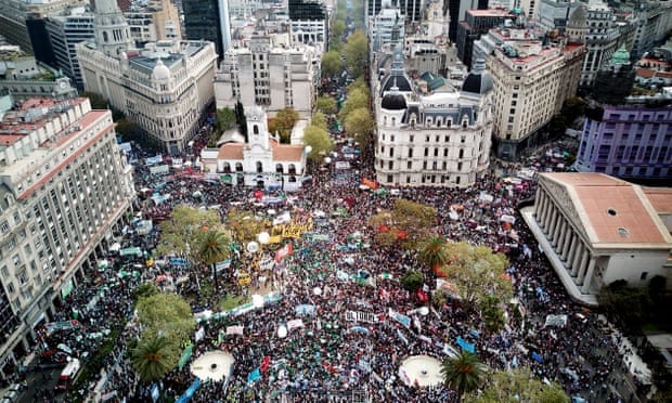 Thousands of people gather in Plaza de Mayo during a protest against Argentine President Mauricio Macri's economic policies