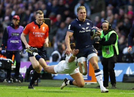 Scotland's Duhan van der Merwe in action on his way to scoring their second try against England.