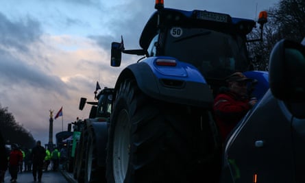 Farmers’ vehicles in Berlin, Germany, 15 January 2024, after a week of protests about diesel tax breaks.