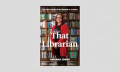 The cover of Amanda Jones' book, featuring the author wearing glasses and a red cardigan, standing in front of a library wall of books
