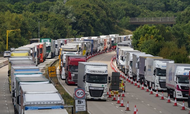 Lorries queuing on the M20 in Ashford on Saturday July 22.