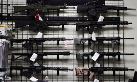 AR-15 style rifles are displayed for sale at a store in California.