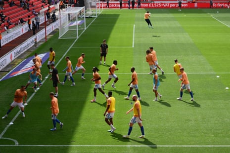 The Derby County players warm up at Stoke.