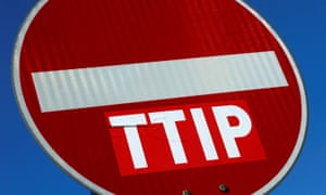 A no entry sign against the TTIP free trade agreement in Frankfurt, Germany.