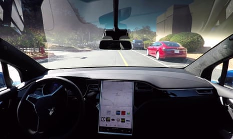 The interior of a self-driving Tesla Model X.