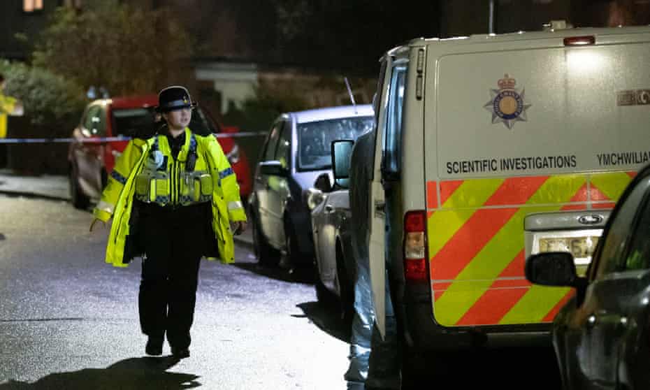 Police at the scene of the fatal dog attack near Caerphilly, south Wales