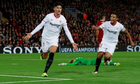 Sevilla’s Joaquin Correa celebrates scoring their second goal with Luis Muriel.