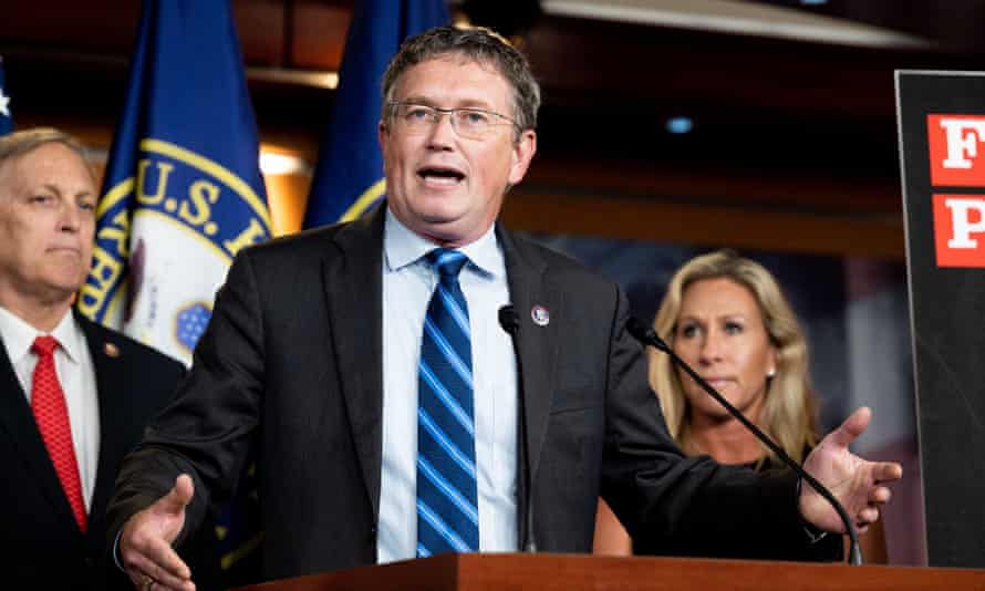 Thomas Massie at the House of Representatives in June, with Marjorie Taylor Greene to his left.
