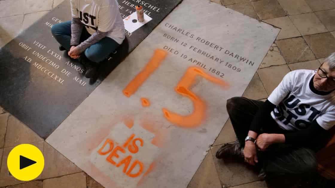 '1.5 is dead': Just Stop Oil activists paint over Charles Darwin grave – video