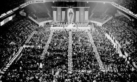 Black-and-white photo of a full arena