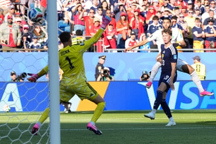 Morocco’s Ismael Saibari hammers a onslaught past Angus Gunn successful nan Scotland goal