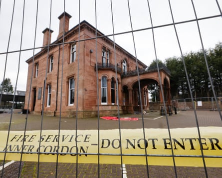 The Cut Steakhouse, in the village of Bothwell, in Lanarkshire, with a metal fence in the foreground and a sign sayng ‘Fire service - do not enter’