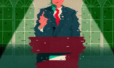 illustration of male politician figure at lectern, distorted by digital graphical glitches and surrounded by small coronavirus particles