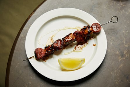 The octopus and smoked sausage skewers at Oma, SE1: ‘Did I really need that extra splash of delicious za’atar oil?’