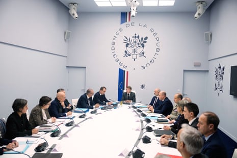 Macron, center, attends a security council with France’s Interior Minister Laurent Nunez, left, and France’s Prime Minister Sebastien Lecornu, center left, at the Elysee Palace in Paris, Thursday, Oct. 22, 2026.