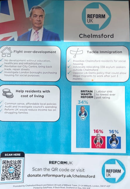 A Reform leaflet from Chelmsford gives no source for its bar chart which puts Farage’s party on 34%, and the Conservatives and Labour on 16%
