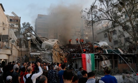 Destruction at the site of an airstrike at the Iranian consulate in Damascus, Syria. Seven people have died in the attack, reports say.