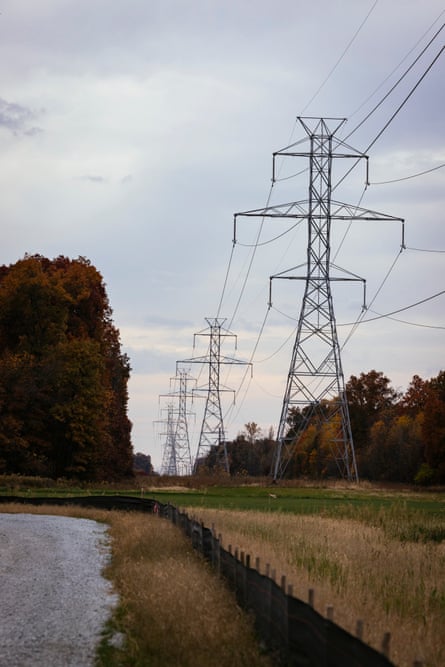 Power lines stand near what will be the interconnection point of the Mammoth solar project.