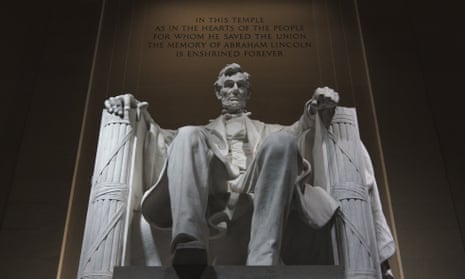 The statue of Abraham Lincoln is seen at the Lincoln Memorial in Washington where visitors celebrated Joe Biden’s election victory. 