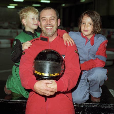 Keith Allen at the karting raceway in Clapham, south London, flanked by his daughter Lily and son Alfie on the TV show Time Out With … Keith Allen in 1994.