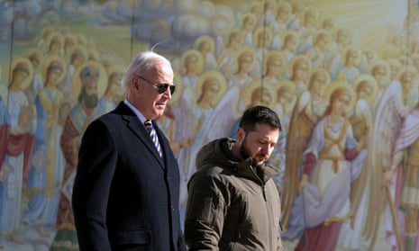 President Joe Biden walks with Ukrainian President Volodymyr Zelenskiy at St Michael’s Golden-Domed Cathedral during his unannounced visit to Kyiv.
