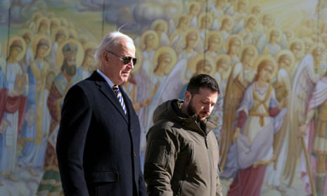 Biden with Zelenskiy at St Michael’s Golden-Domed Cathedral in Kyiv in February. Kyiv has yet to comment officially on the leaks.