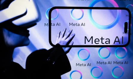 A woman wearing an eyepiece touches a screen that says ‘Meta AI’.