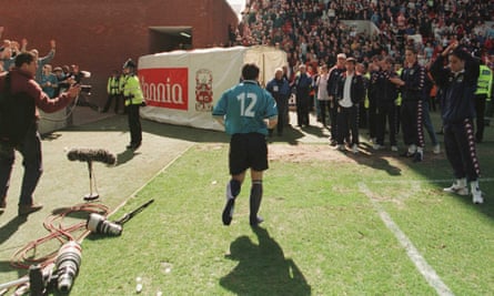 Georgi Kinkladze leaves the field at Stoke City after Manchester City are relegated to the third tier for the first time in their history in May 1998.