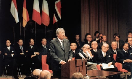Edward Heath speaking after signing the Treaty of Accession for Britain’s proposed entry into the European Economic Community at Egmont Palace in Brussels, 22 January 1972.