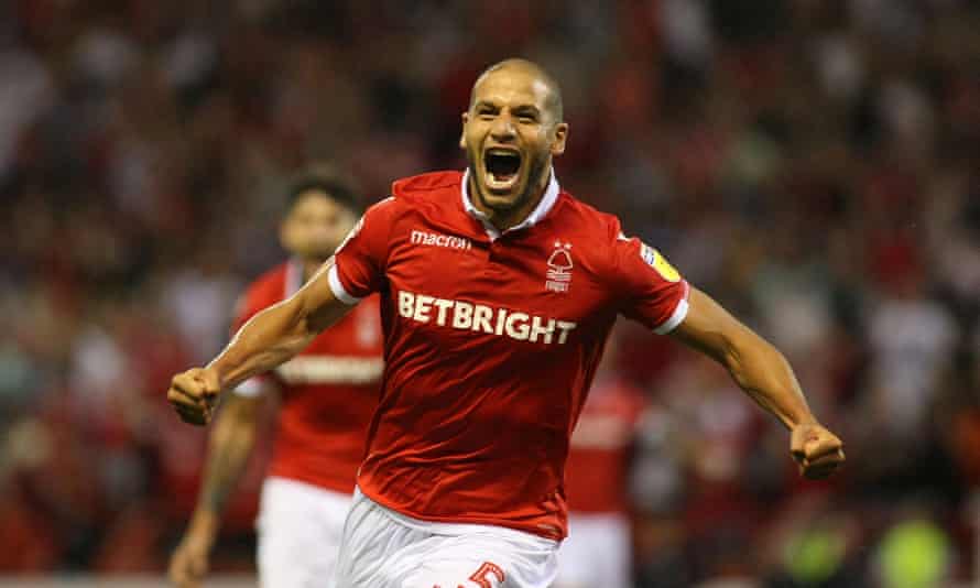 Adlène Guedioura celebrates scoring the opener in Nottingham Forest’s draw with West Brom.