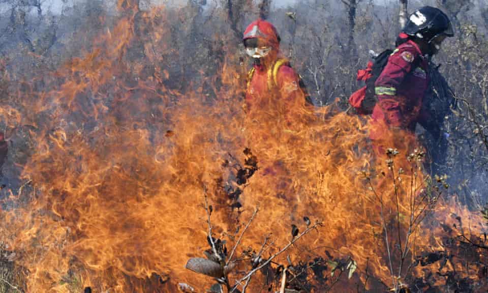 Firefighters try to control a fire near Charagua, close to the border with Paraguay