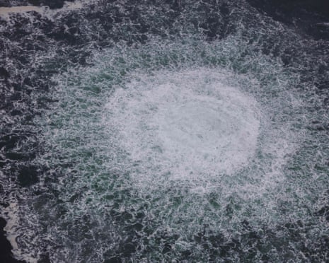 Photo taken from an aircraft of the Swedish Coast Guard shows the release of gas emanating from a leak on the Nord Stream 1 gas pipeline, in the Swedish economic zone in the Baltic Sea.