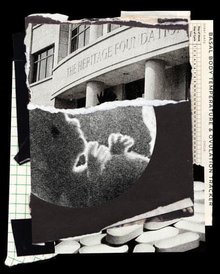 Torn collage of photographs and papers. The top torn photo shows a building facade with columns and the text “THE HERITAGE FOUNDATION” partially visible. Below it, a grainy, circular sonogram image of a fetus is placed on black torn paper. On the right edge, a “BASAL BODY TEMPERATURE & OVULATION TRACKER” chart peeks out. On the bottom is a torn image of supplements.
