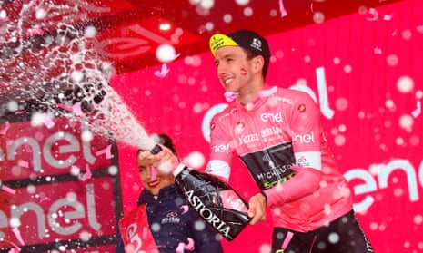 Simon Yates celebrates another day in the pink jersey after extending his lead in a stage won by Slovenia’s Matej Mohoric.