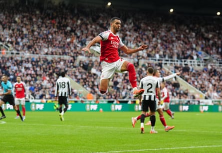 Mikel Merino jumps for joy after scoring Arsenal’s equaliser