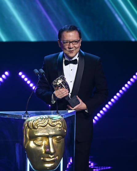 He creates an ‘atmosphere of wonder’ … Hidetaka Miyazaki accepts a Bafta games award for Elden Ring in 2023.