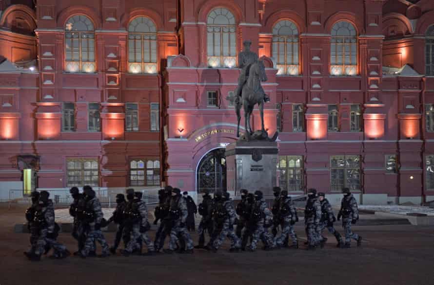 Police officers near the monument to Marshal Georgy Zhukov on Manezhnaya Square.
