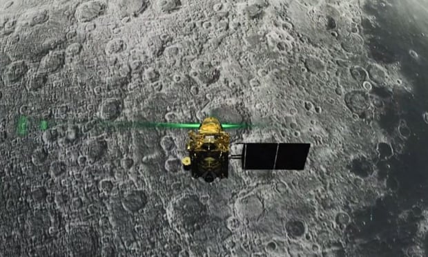 A screen grab taken from a live webcast shows India’s Vikram lander before its descent to the moon’s surface. It has been located and attempts are being made to contact it after the mission’s failed landing.