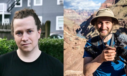 Split images of young white man in T-shirt in front of hedgerow on left, and young white man in T-shirt and sun hat in the American south-west on right.
