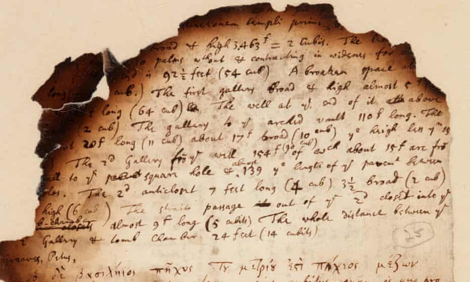 Isaac Newton’s handwritten notes showing his investigations into the Egyptian pyramids, dated from the 1680s.