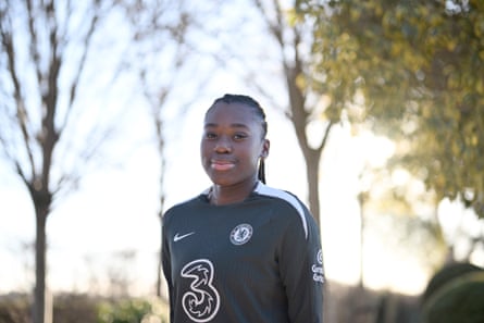 Chloe Sarwie poses for a photograph at Chelsea’s Cobham Training Ground after signing her first professional contract.