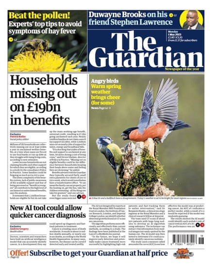 Guardian front page, Monday 1 May 2023