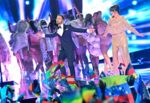 Eurovision hosts Petra Mede and Mans Zelmerlow during the final of the Eurovision Song Contest 2016 in Stockholm.